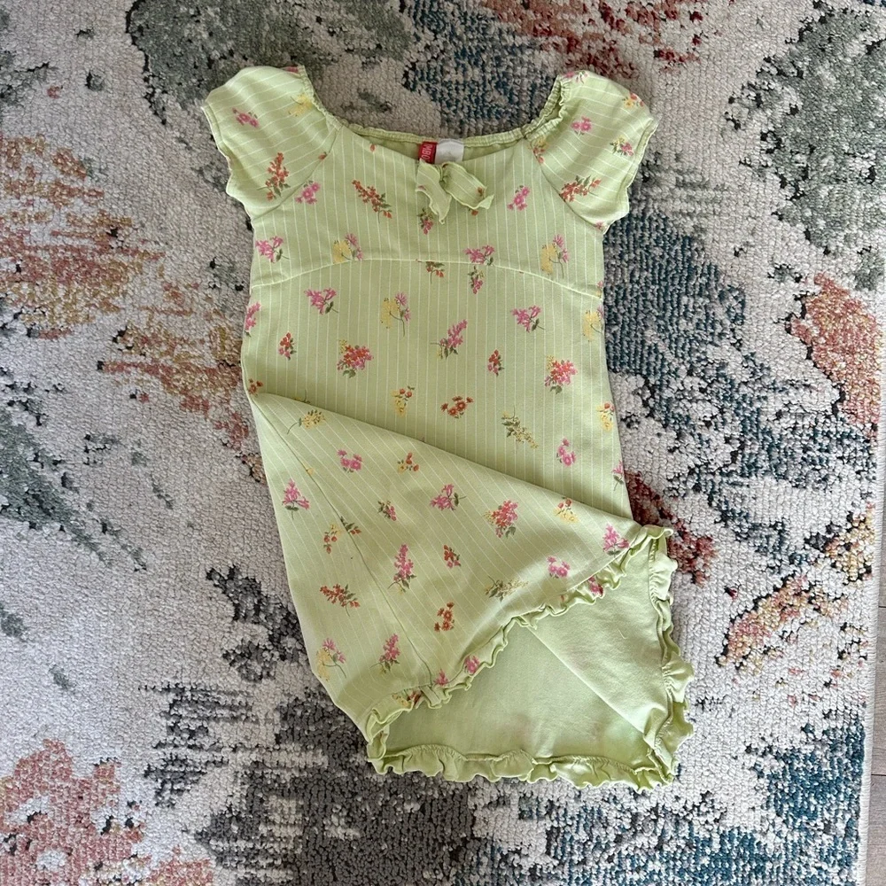 Vintage Gymboree Girl’s Peasant Front Floral Green Dress Pink Accents Size 6